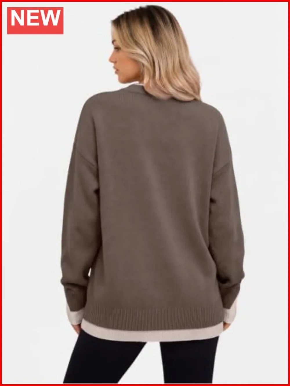 Oversized Patchwork Sweater Slit Cuff Crew Neck Pullover